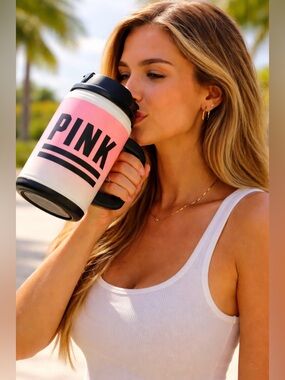 PINK Victoria’s Secret chug mug with  lid 24 oz plastic pink white black